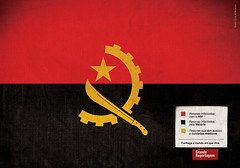 Angola: Rojo, personas infectadas con HIV. Negro, personas infectadas con malaria. Amarillo, personas con acceso a cuidados médicos.