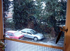 Snow falling on the car park