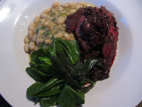 Grilled Hanger Steak with a Red Onion Ciopollata and Herb White Beans